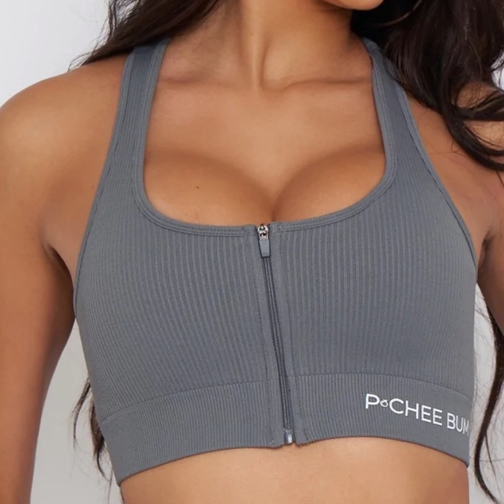 PCHEEBUM Grey Ribbed Zipper Crop Tank